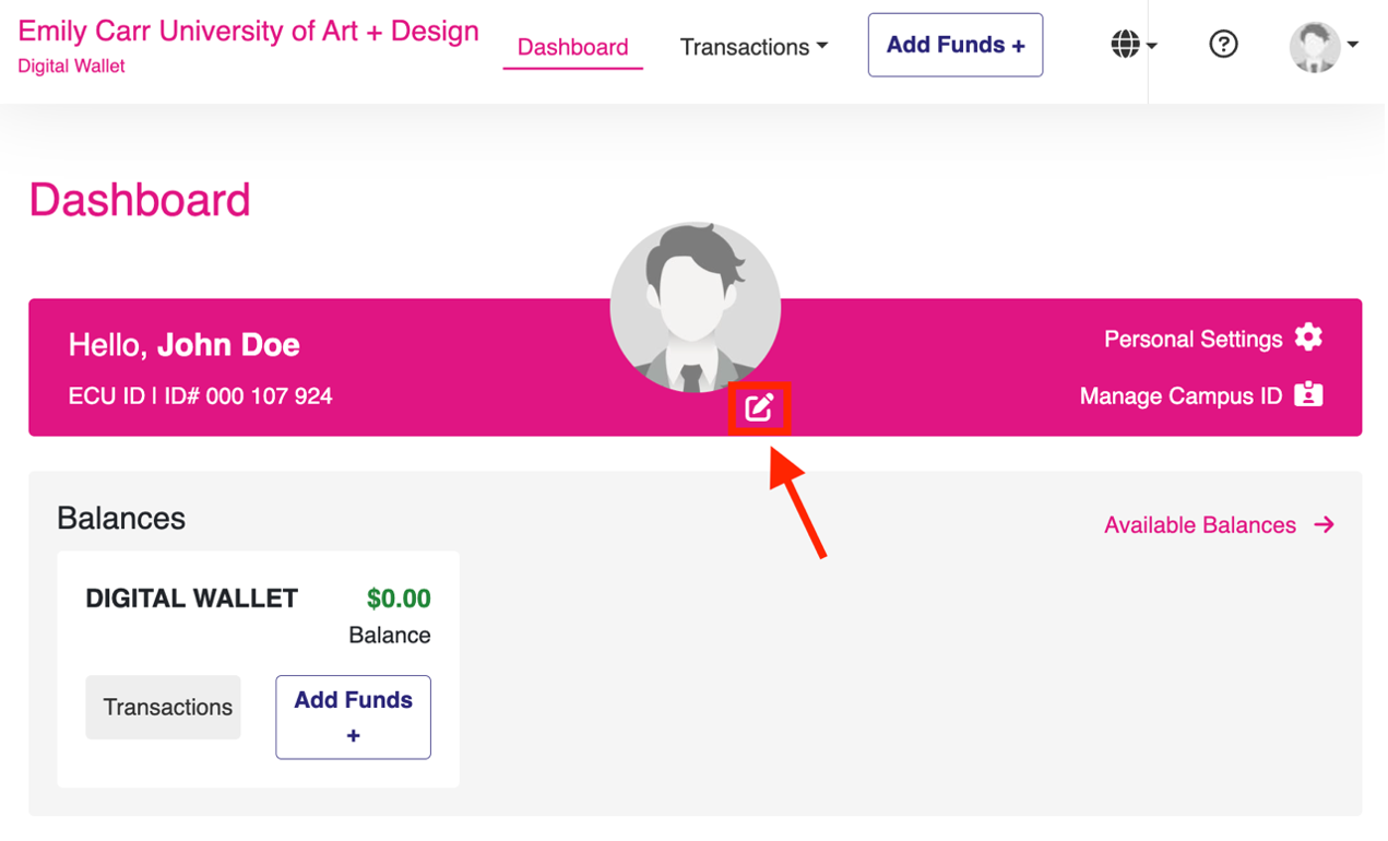 Digital Wallet dashboard showing the pencil icon used to edit the account photo