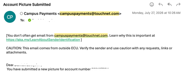 Example TouchNet email confirming that an account picture was submitted